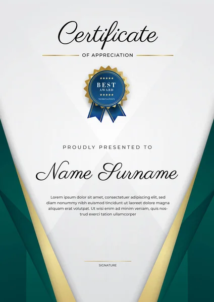 Certificate Appreciation Template Gold Black Green Color Clean Modern Certificate — стоковый вектор