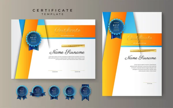 Plantilla Borde Logro Certificado Naranja Azul Amarillo Con Insignia Lujo — Archivo Imágenes Vectoriales