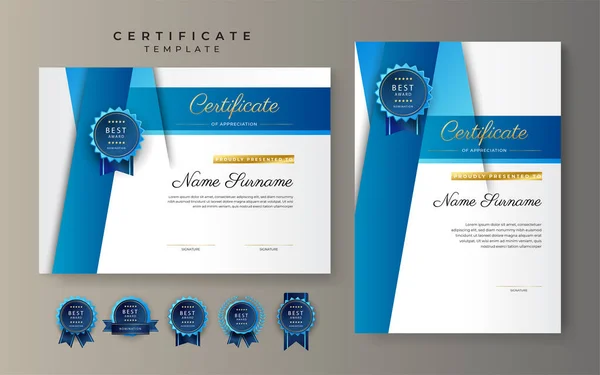 Plantilla Borde Azul Verde Certificado Logro Con Insignia Lujo Patrón — Archivo Imágenes Vectoriales