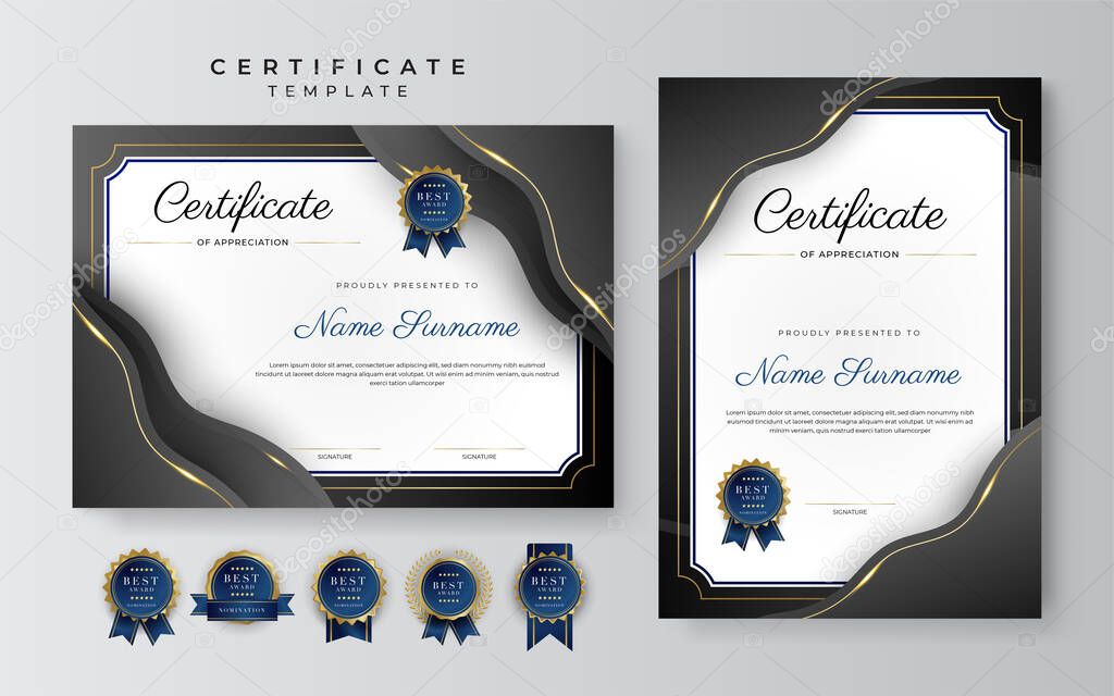 Modern black and gold certificate of achievement border template with luxury badge and modern line pattern. For award, business, and education needs