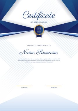 Lüks rozetli ve modern hat desenli mavi ve altın başarı sertifikası. Ödül, iş ve eğitim ihtiyaçları için