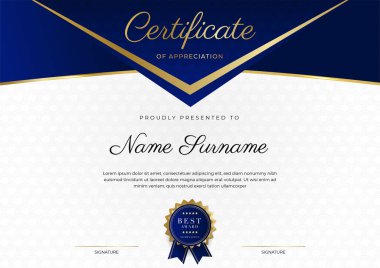 Lüks rozetli ve modern hat desenli mavi ve altın başarı sertifikası. Ödül, iş ve eğitim ihtiyaçları için