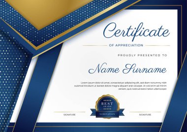 Lüks rozetli ve modern hat desenli mavi ve altın başarı sertifikası. Ödül, iş ve eğitim ihtiyaçları için