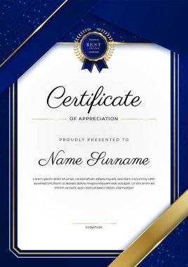 Lüks rozetli ve modern hat desenli mavi ve altın başarı sertifikası. Ödül, iş ve eğitim ihtiyaçları için
