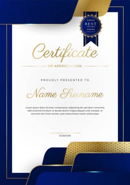 Lüks rozetli ve modern hat desenli mavi ve altın başarı sertifikası. Ödül, iş ve eğitim ihtiyaçları için