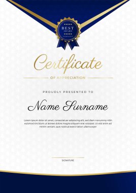 Lüks rozetli ve modern hat desenli mavi ve altın başarı sertifikası. Ödül, iş ve eğitim ihtiyaçları için