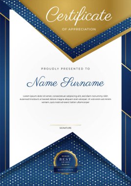 Lüks rozetli ve modern hat desenli mavi ve altın başarı sertifikası. Ödül, iş ve eğitim ihtiyaçları için
