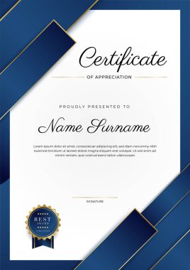 Lüks rozetli ve modern hat desenli mavi ve altın başarı sertifikası. Ödül, iş ve eğitim ihtiyaçları için