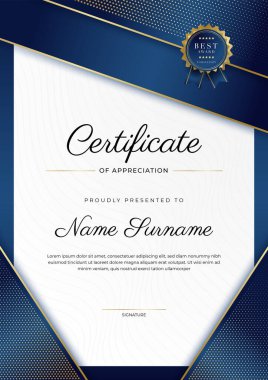 Lüks rozetli ve modern hat desenli mavi ve altın başarı sertifikası. Ödül, iş ve eğitim ihtiyaçları için