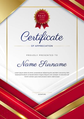 Lüks rozetli ve modern çizgili kırmızı ve altın sertifikalı sınır şablonu. Ödül, iş ve eğitim ihtiyaçları için