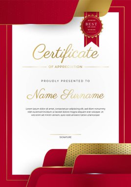Lüks rozetli ve modern çizgili kırmızı ve altın sertifikalı sınır şablonu. Ödül, iş ve eğitim ihtiyaçları için