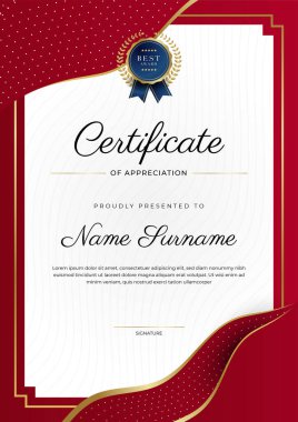 Lüks rozetli ve modern çizgili kırmızı ve altın sertifikalı sınır şablonu. Ödül, iş ve eğitim ihtiyaçları için
