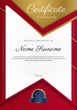 Lüks rozetli ve modern çizgili kırmızı ve altın sertifikalı sınır şablonu. Ödül, iş ve eğitim ihtiyaçları için