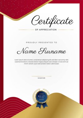 Lüks rozetli ve modern çizgili kırmızı ve altın sertifikalı sınır şablonu. Ödül, iş ve eğitim ihtiyaçları için
