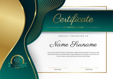 Yeşil, siyah ve altın sertifikalı, lüks rozetli ve modern çizgili sınır şablonu. Ödül, iş ve eğitim ihtiyaçları için