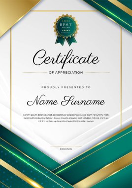 Yeşil, siyah ve altın sertifikalı, lüks rozetli ve modern çizgili sınır şablonu. Ödül, iş ve eğitim ihtiyaçları için
