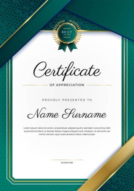 Yeşil, siyah ve altın sertifikalı, lüks rozetli ve modern çizgili sınır şablonu. Ödül, iş ve eğitim ihtiyaçları için