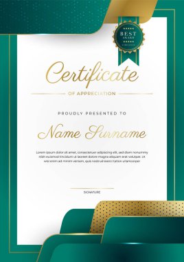 Yeşil, siyah ve altın sertifikalı, lüks rozetli ve modern çizgili sınır şablonu. Ödül, iş ve eğitim ihtiyaçları için