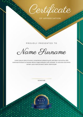 Yeşil, siyah ve altın sertifikalı, lüks rozetli ve modern çizgili sınır şablonu. Ödül, iş ve eğitim ihtiyaçları için