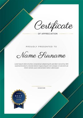 Yeşil, siyah ve altın sertifikalı, lüks rozetli ve modern çizgili sınır şablonu. Ödül, iş ve eğitim ihtiyaçları için