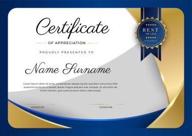 Lüks rozetli ve modern hat desenli mavi ve altın başarı sertifikası. Ödül, iş ve eğitim ihtiyaçları için