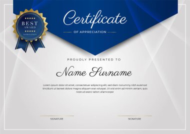 Lüks rozetli ve modern hat desenli mavi ve altın başarı sertifikası. Ödül, iş ve eğitim ihtiyaçları için