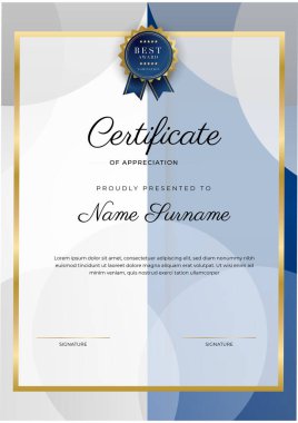 Lüks rozetli ve modern hat desenli mavi ve altın başarı sertifikası. Ödül, iş ve eğitim ihtiyaçları için
