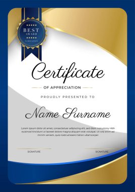 Lüks rozetli ve modern hat desenli mavi ve altın başarı sertifikası. Ödül, iş ve eğitim ihtiyaçları için