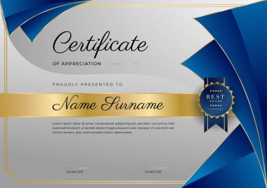 Lüks rozetli ve modern hat desenli mavi ve altın başarı sertifikası. Ödül, iş ve eğitim ihtiyaçları için