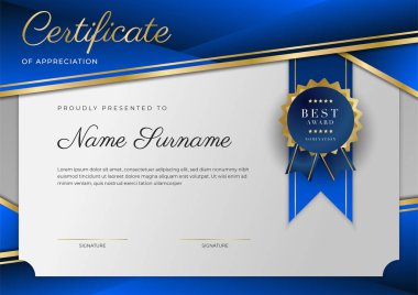 Lüks rozetli ve modern hat desenli mavi ve altın başarı sertifikası. Ödül, iş ve eğitim ihtiyaçları için