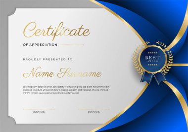 Lüks rozetli ve modern hat desenli mavi ve altın başarı sertifikası. Ödül, iş ve eğitim ihtiyaçları için