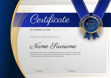Lüks rozetli ve modern hat desenli mavi ve altın başarı sertifikası. Ödül, iş ve eğitim ihtiyaçları için