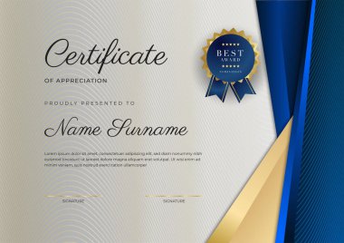 Lüks rozetli ve modern hat desenli mavi ve altın başarı sertifikası. Ödül, iş ve eğitim ihtiyaçları için