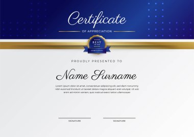 Lüks rozetli ve modern hat desenli mavi ve altın başarı sertifikası. Ödül, iş ve eğitim ihtiyaçları için