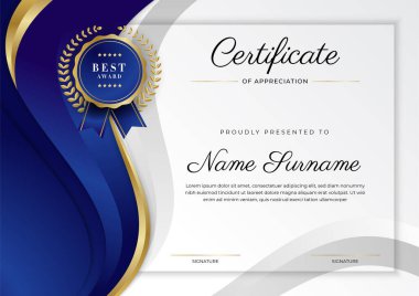 Lüks rozetli ve modern hat desenli mavi ve altın başarı sertifikası. Ödül, iş ve eğitim ihtiyaçları için