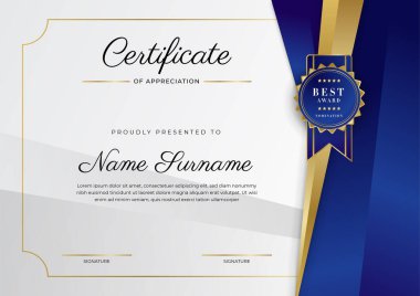 Lüks rozetli ve modern hat desenli mavi ve altın başarı sertifikası. Ödül, iş ve eğitim ihtiyaçları için