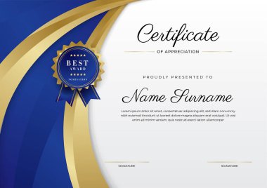 Lüks rozetli ve modern hat desenli mavi ve altın başarı sertifikası. Ödül, iş ve eğitim ihtiyaçları için