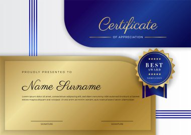 Lüks rozetli ve modern hat desenli mavi ve altın başarı sertifikası. Ödül, iş ve eğitim ihtiyaçları için