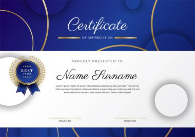 Lüks rozetli ve modern hat desenli mavi ve altın başarı sertifikası. Ödül, iş ve eğitim ihtiyaçları için