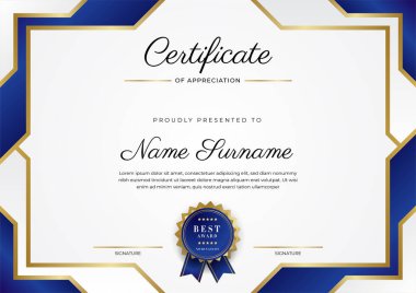 Lüks rozetli ve modern hat desenli mavi ve altın başarı sertifikası. Ödül, iş ve eğitim ihtiyaçları için
