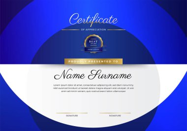 Lüks rozetli ve modern hat desenli mavi ve altın başarı sertifikası. Ödül, iş ve eğitim ihtiyaçları için