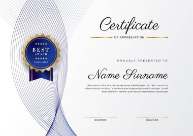 Lüks rozetli ve modern hat desenli mavi ve altın başarı sertifikası. Ödül, iş ve eğitim ihtiyaçları için