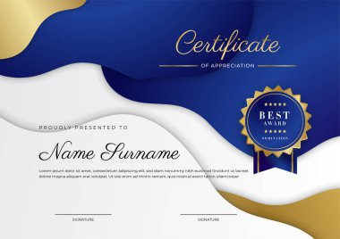Lüks rozetli ve modern hat desenli mavi ve altın başarı sertifikası. Ödül, iş ve eğitim ihtiyaçları için