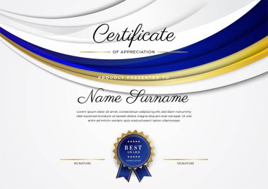 Lüks rozetli ve modern hat desenli mavi ve altın başarı sertifikası. Ödül, iş ve eğitim ihtiyaçları için
