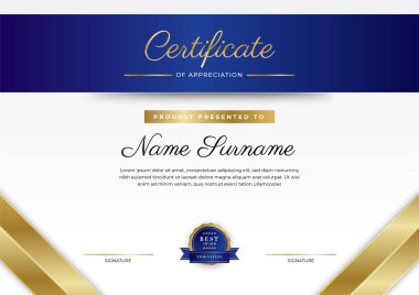 Lüks rozetli ve modern hat desenli mavi ve altın başarı sertifikası. Ödül, iş ve eğitim ihtiyaçları için