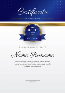 Lüks rozetli ve modern hat desenli mavi ve altın başarı sertifikası. Ödül, iş ve eğitim ihtiyaçları için