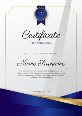 Lüks rozetli ve modern hat desenli mavi ve altın başarı sertifikası. Ödül, iş ve eğitim ihtiyaçları için