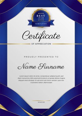 Lüks rozetli ve modern hat desenli mavi ve altın başarı sertifikası. Ödül, iş ve eğitim ihtiyaçları için