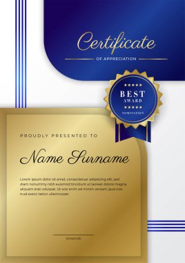 Lüks rozetli ve modern hat desenli mavi ve altın başarı sertifikası. Ödül, iş ve eğitim ihtiyaçları için