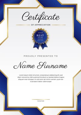 Lüks rozetli ve modern hat desenli mavi ve altın başarı sertifikası. Ödül, iş ve eğitim ihtiyaçları için